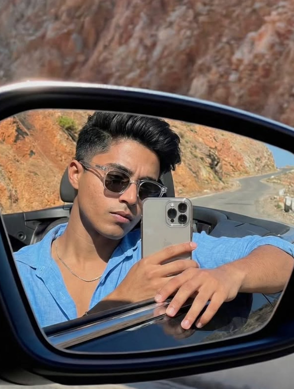 Rear-View Mirror Selfie in Convertible Car - AI Prompt