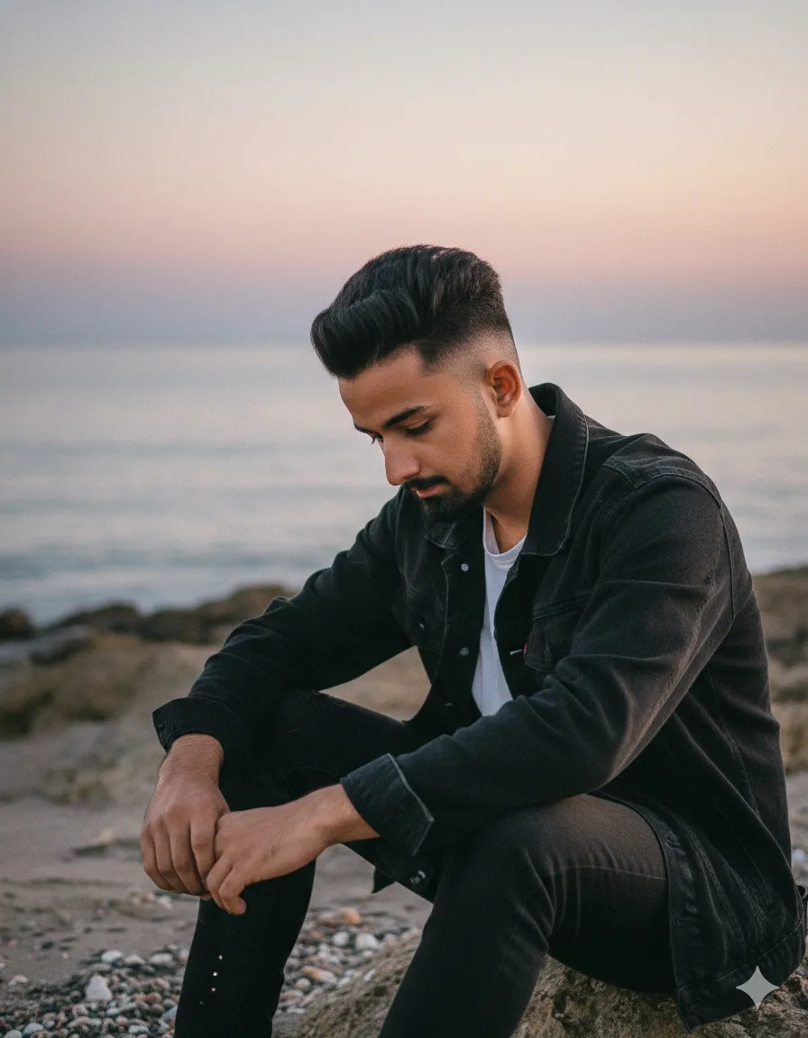 Sad boy on beach - AI Prompt