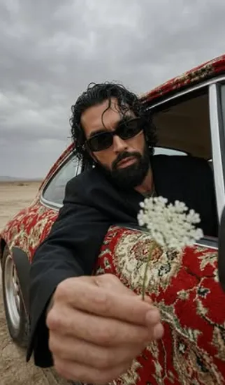 Ultra-Realistic Editorial Portrait in Desert Porsche - AI Prompt